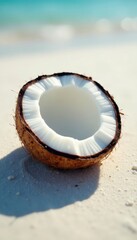 Crisp white sand, sharp coconut shadow, shallow depth of field, image, warm