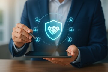 A person in a suit holds a tablet displaying a translucent digital image of a shield with clasped hands, surrounded by profile icons, symbolizing digital partnership and protection.