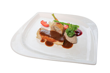 Gourmet Dish: A beautifully plated gourmet dish, the centerpiece of culinary creation, the dish invites to indulge with it exquisite combination of flavors and textures, each element carefully placed.