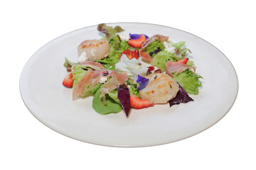 Gourmet Salad Delight: A close-up captures a vibrant gourmet salad artfully arranged on a pristine white plate, a culinary symphony of fresh ingredients and tantalizing flavors.