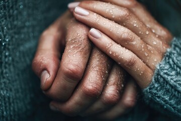 Fototapeta premium Two hands, wet with raindrops, are clasped together, creating a sense of closeness and affection.