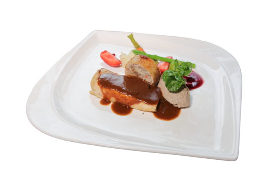 Gourmet Dish: A beautifully plated gourmet dish, the centerpiece of culinary creation, the dish invites to indulge with it exquisite combination of flavors and textures, each element carefully placed.