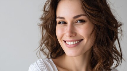 Naklejka premium Close-up of smiling woman with positive expression, isolated on soft neutral background. 