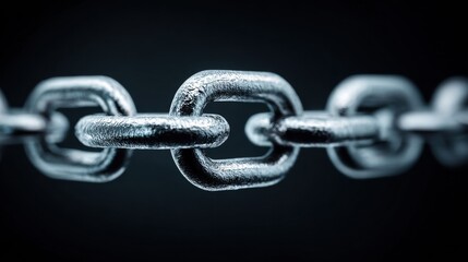 Fototapeta premium Close-up of a metallic chain, illustrating concepts of connection and strength against a dark backdrop.