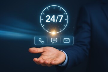 A hand holds a digital 24/7 support interface, showcasing accessibility options.