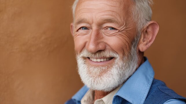 Close-up portrait of a cheerful senior man with bright, twinkling eyes and a mischievous smile, a hint of his tongue playfully peeking out, against a textured, warm-toned background