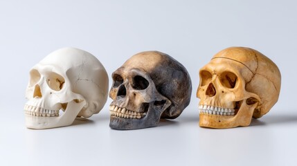 Naklejka premium Comparative chart with skulls of Homo sapiens, Homo neanderthalensis, and Homo heidelbergensis on clean background 