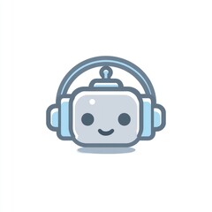 Obraz premium Cute, simplified robot head wearing headphones; gray, light blue, simple