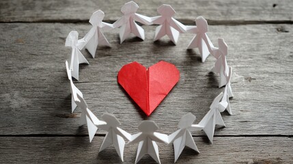Top view of red origami heart surrounded by circle of white origami figures holding hands on wooden surface, symbol of unity, friendship, community support and International Day of Non-Violence