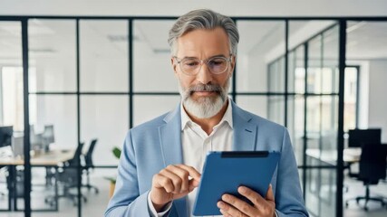 A confident senior businessman in a blue suit smiles while holding and using a tablet in a modern office setting - Powered by Adobe