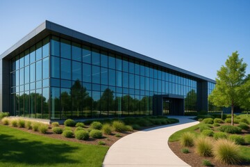 Obraz premium Modern Building and Clear Sky: A sleek, contemporary structure of glass and steel stands under a bright blue sky, the architectural lines of the facade are a modern vision.