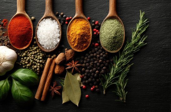 Wooden spoons holding various spices, herbs, and seasonings on a dark stone surface
