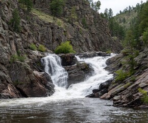 Obraz premium Mountain waterfall cascading over rocky rapids