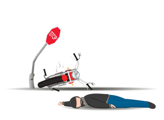 Accident. traffic accident involving a motorcyclist. The motorcycle crashed into a stop sign. vector illustration.