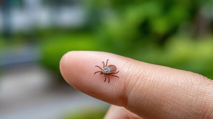 Obraz premium Dangerous parasite on human arm, Lyme disease tick, blurry background. 