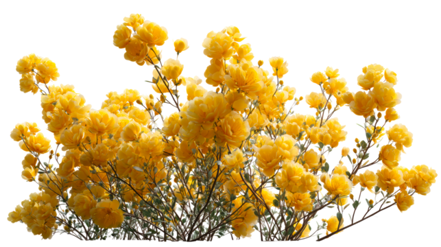 Abundant yellow rose bush with fully bloomed flowers, cut out transparent