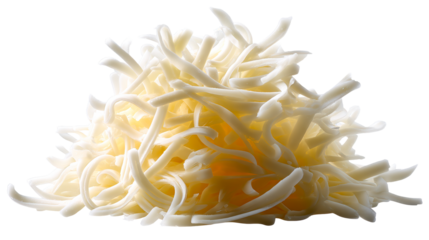 Pile of Shredded Mozzarella Cheese Against a White Background, cut out transparent