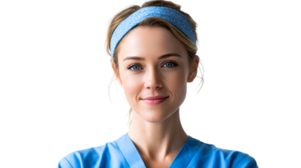 Smiling Woman Wearing Blue Scrubs and Headband, cut out transparent