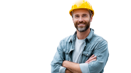 Smiling construction worker with hard hat and arms crossed, cut out transparent