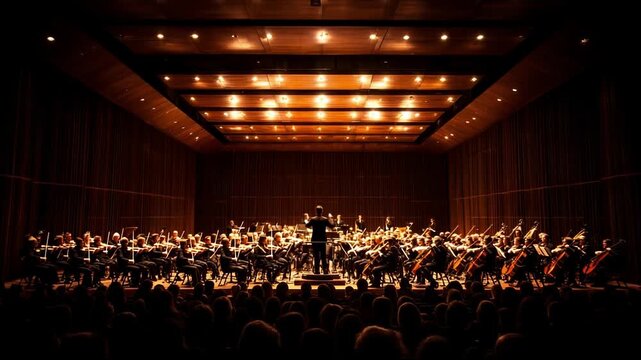 An enchanting orchestra captivates the audience with a powerful performance in a beautifully designed concert hall, illuminated by warm lights that enhance the atmosphere.