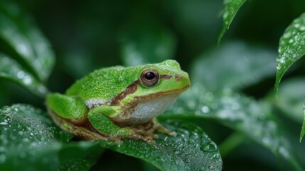 Naklejka premium European Tree Frog on Green Leaf with Water Droplets in Natural Habitat