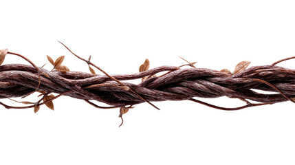 Thick natural rope vine twisted with small dry leaves isolated on white background, cut out transparent