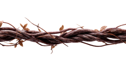 Thick natural rope vine twisted with small dry leaves isolated on white background, cut out transparent
