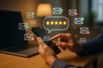 Hands interacting with a smartphone displaying email communication and customer feedback.