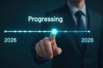 A hand interacts with a digital timeline highlighting progress towards 2026, showcasing a forward-looking approach.