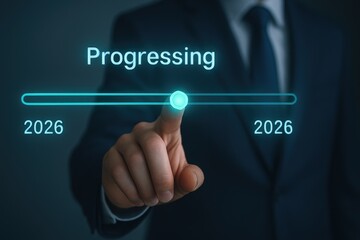 A hand in a dark suit activates a glowing progress bar, highlighting the journey to 2026.