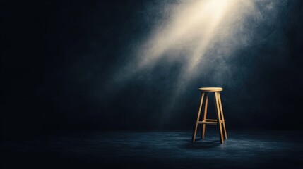 A wooden stool in a dark room with a spotlight shining on it.