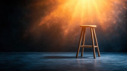 A wooden stool with a round seat and four legs stands in a dimly lit room.