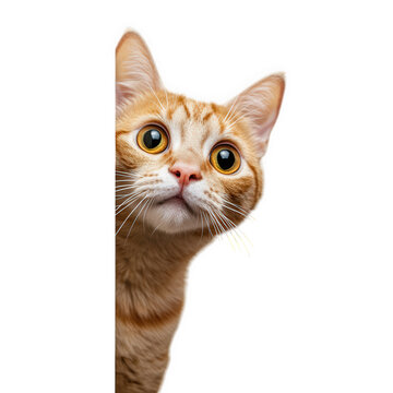 Curious orange tabby kitten peeking around a white corner, isolated on transparent background