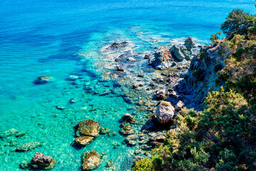 Top view of the Mediterranean coast with tropical turquoise waters, Akamas Peninsula, Neo Chorio near Latchi. 