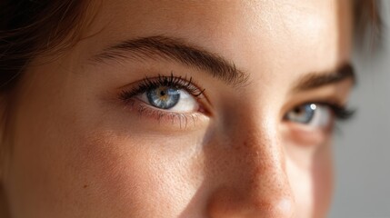 Fototapeta premium Expressive close-up of a young woman's blue eye with long, dark eyelashes and a subtle hint of makeup, dramatic side lighting casting a soft shadow, conveying emotion and beauty. 