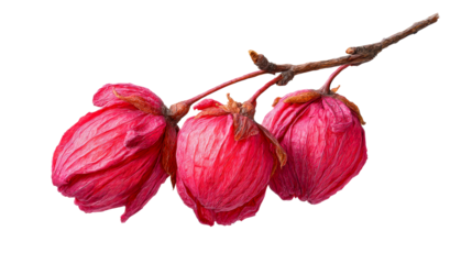 Three red fruit pods on a thin stem against a white background, cut out transparent