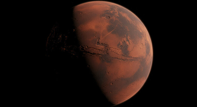 Spectacular view of the red planet Mars against the backdrop of outer space