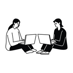 Two Women Working on Laptops - Line Art Illustration vector