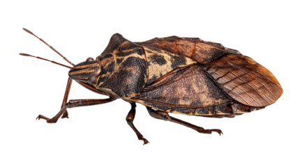 Close-up view of a large brown stink bug with intricate textured shell on a white background, cut out transparent