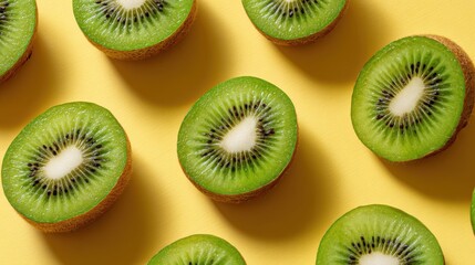 Fototapeta premium Flat lay of kiwi fruit slices in geometric pattern on yellow background, colorful minimal style 