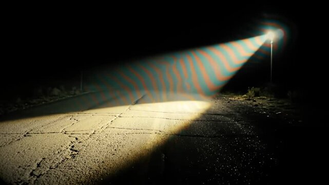 Headlights illuminate a cracked, dark road with a surreal, striped beam extending ahead