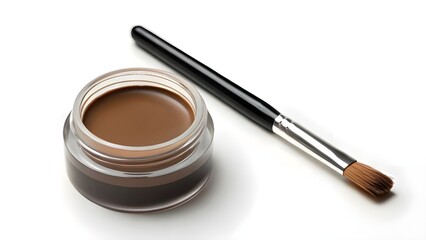 Realistic Brow Pomade Jar Mockup with Blank Glass Packaging in Open View and Angled Brush Nearby &ndash; Elegant Cosmetic Display for Branding and Makeup Presentation