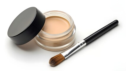 Realistic Brow Pomade Jar Mockup with Blank Glass Packaging in Open View and Angled Brush Nearby &ndash; Elegant Cosmetic Display for Branding and Makeup Presentation