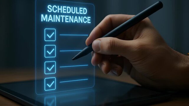 Scheduled maintenance checklist digital tablet with stylus and hand holding smart pen showing predictive maintenance technology