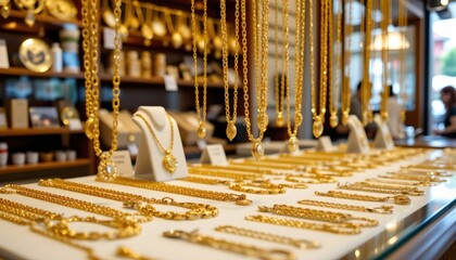 an array of jewelry displayed in a store setting. gold necklaces are prominently displayed with varying designs and lengths