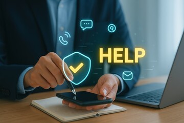 A person in a business suit interacts with a smartphone, overlaid with support system icons and the word "HELP", highlighting accessible assistance and technological solutions.
