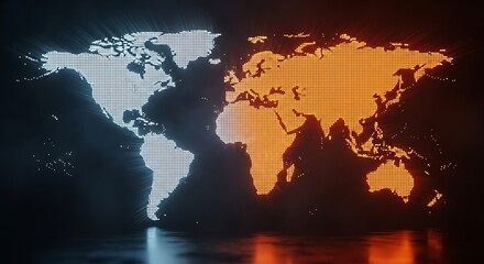 Digital world map with glowing continents in blue and orange, representing global connections and data flow