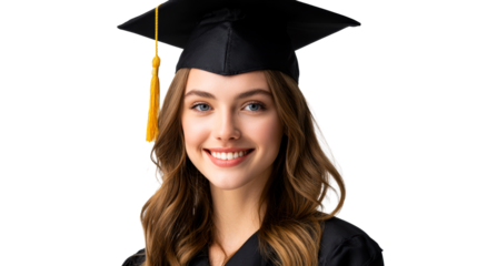 Young woman in graduation cap and gown smiling, cut out transparent