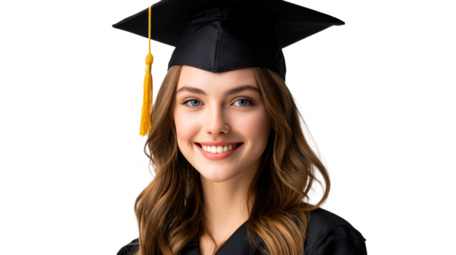 Young woman in graduation cap and gown smiling, cut out transparent