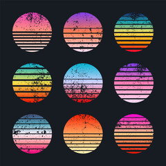 Grunge vintage colorful sunset. Striped gradient sunrise badges in 80s and 90s style. Sun and ocean view, summer vibes, surfing. Design element for print, logo or t-shirt. Vector illustration